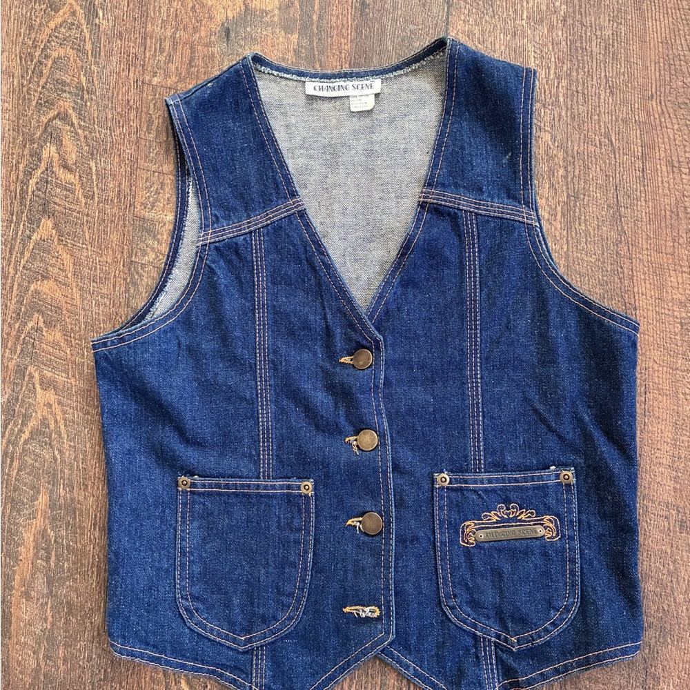 Changing Scene Dark Blue Denim Vest with Contrast Stitching
